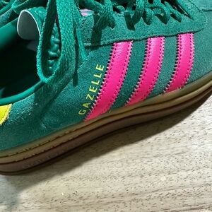 adidas Gazelle Suede Sneaker — Green with Pink Stripes and Yellow Logo